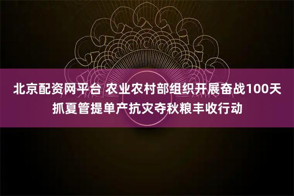 北京配资网平台 农业农村部组织开展奋战100天抓夏管提单产抗灾夺秋粮丰收行动